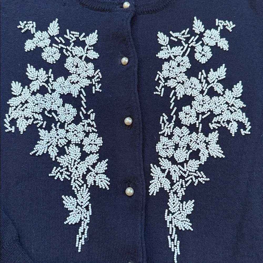 Ann Taylor Vintage Style Beaded Cardigan- Black Wool w/White Beading Sz S